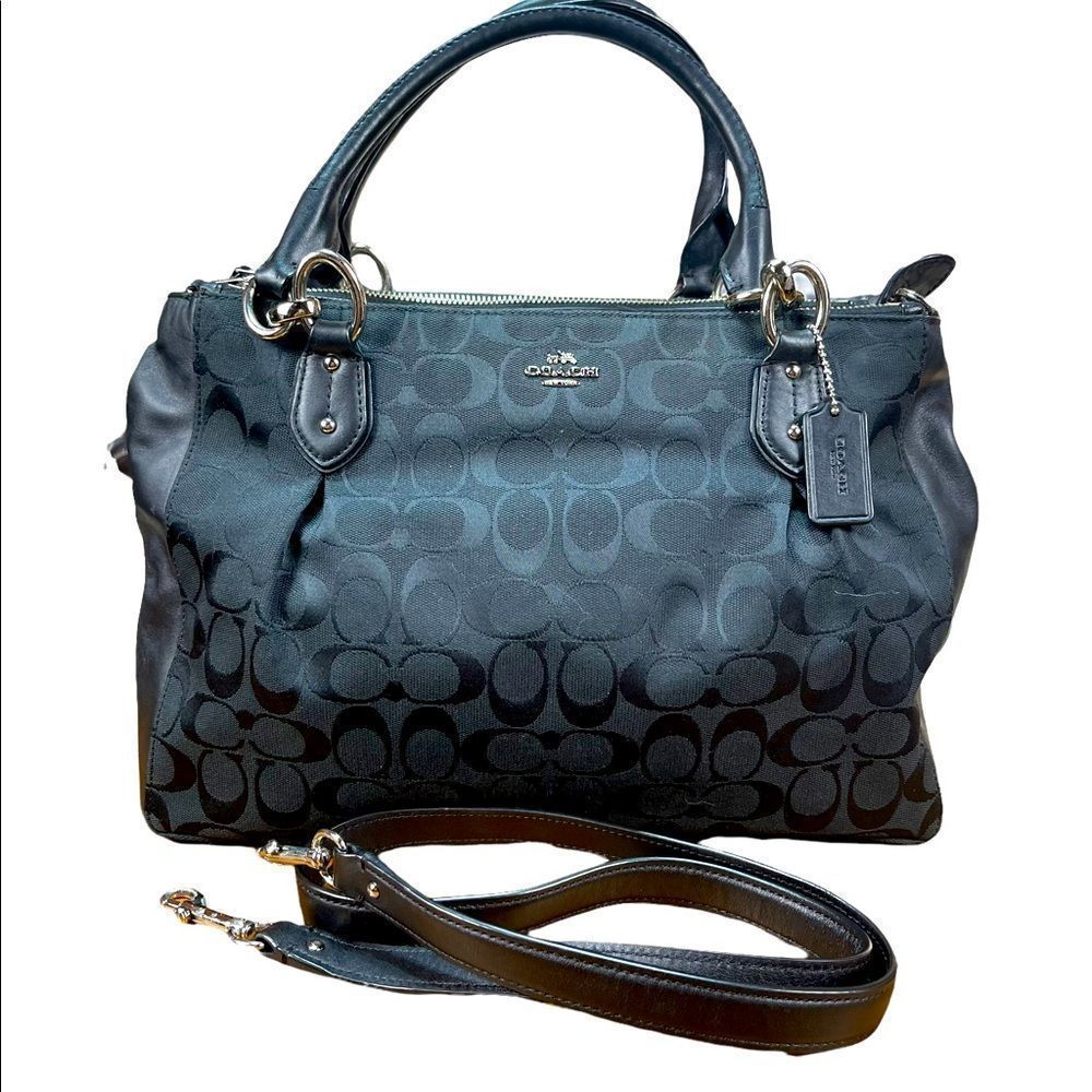 Coach Colette Carry All  Black Canvas Leather Shoulder Bag 3 Compartments